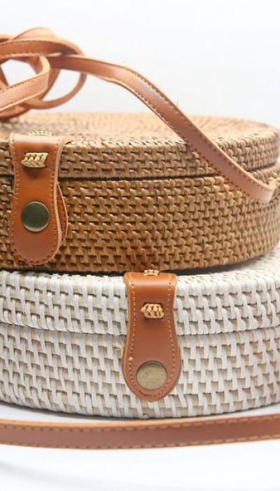Sac rotin rond GM  bandoulière cuir