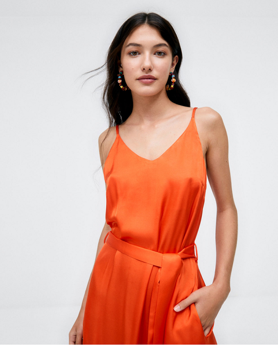 Midi dress with straps and belt plain orange 1 1